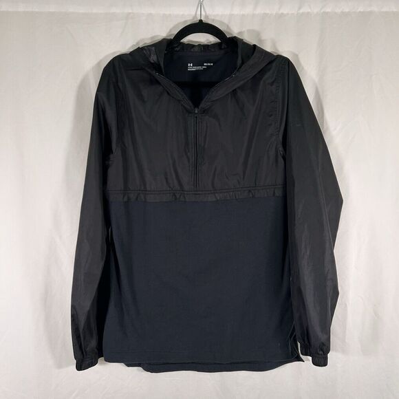 Under Armour Windbreaker Men's Medium Black Fitted 1/4 Zip Hooded Pullover - Picture 1 of 9